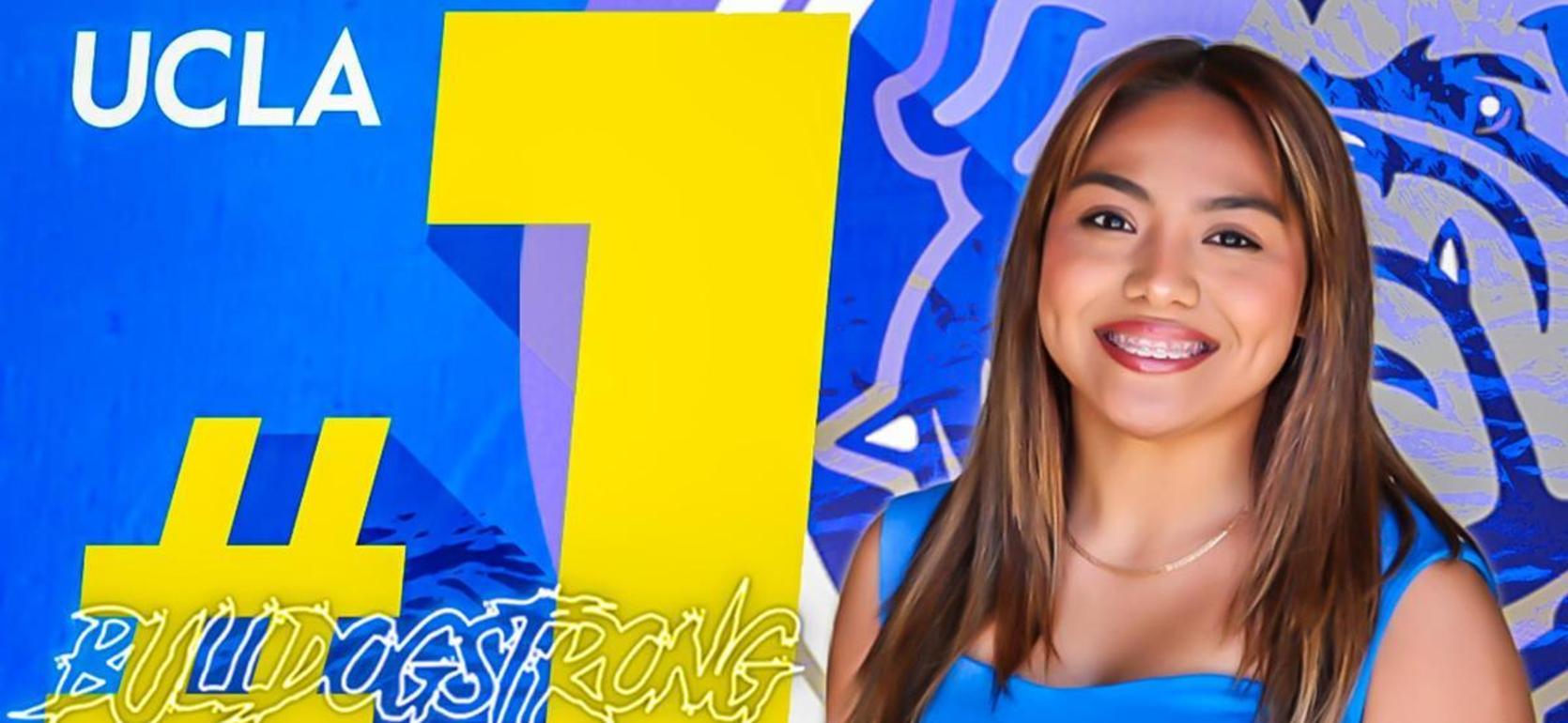 A smiling young woman in a blue top with a vibrant background and hashtag.