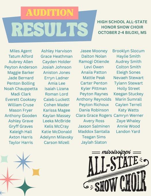 Congrats to the members of "Luminary" who auditioned for and made the 2025 Mississippi High School All-State Show Choir!