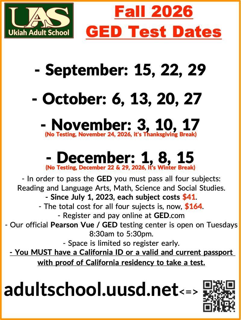 Fall 2026 GED / Pearson-Vue test dates poster.