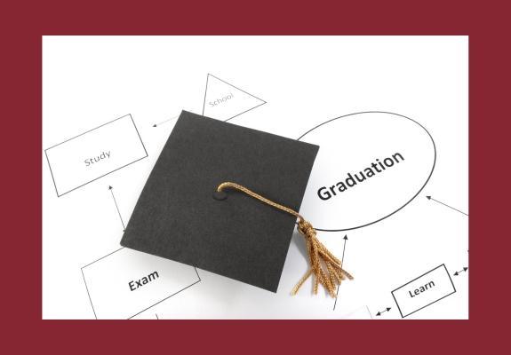 graduation cap and tassel surrounded by a speech bubble marked graduation