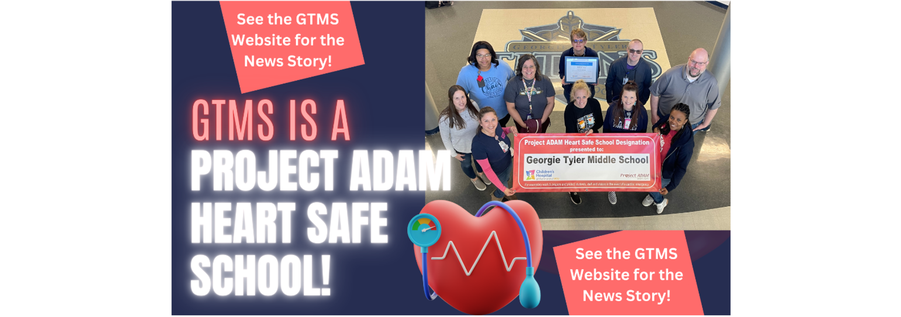 Group of students and teachers celebrating GTMS being a Project Adam Heart Safe School.