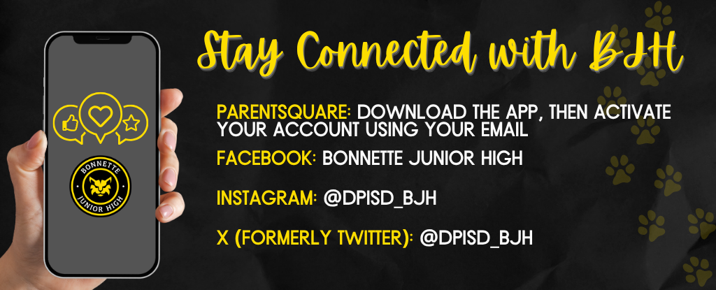 Hand holding a smartphone displaying social media links and contact info for Bonnet Junior High.
