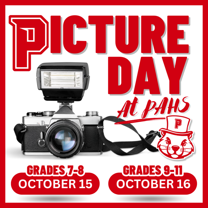 white background with red text saying picture day and the dates with a camera graphic