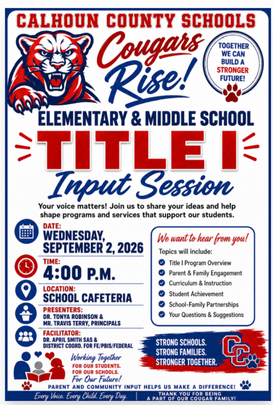 This is a flyer stating there will be a parent involvement input meeting on september 4, 2026 at 4:00 PM in the cafeteria.