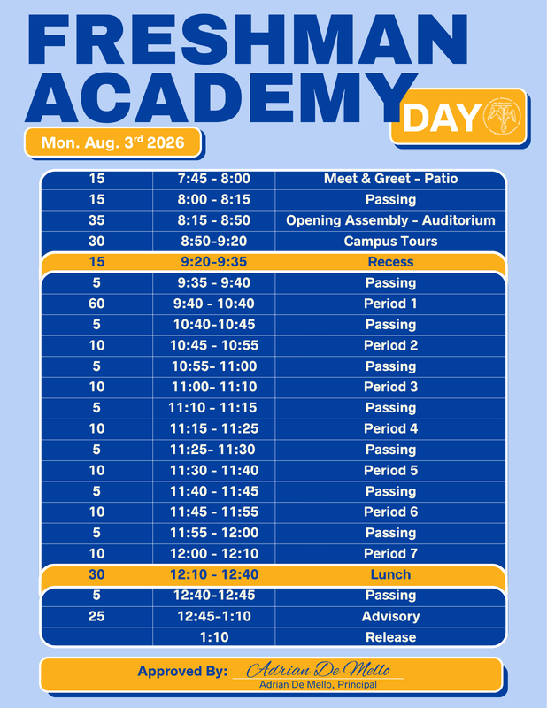 Bell Schedule for 2026 Freshman Only Day