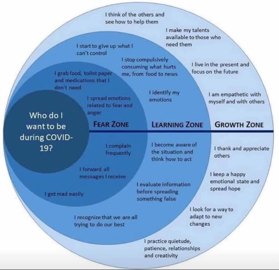 Nested circles in a blue gradient. The first circle reads: Who do I want to be during COVID-19? The second circle, titled FEAR ZONE reads: I grab food, toilet paper and medications that I don’t need. I spread emotions related to fear and anger. I complain frequently. I forward all messages I receive. I get mad easily. The third circle, titled LEARNING ZONE reads: I start to give up what I can’t control. I stop compulsively consuming what hurts me, from food to news. I identify my emotions. I become aware of the situation and think about how to act. I evaluate information before spreading something false. I recognize that we are all trying to do our best. The last circle, titled GROWTH ZONE reads: I think of others and see how to help them. I make my talents available to those who need them. I live in the present and focus on the future. I am empathetic with myself and others. I thank and appreciate others. I keep a happy emotional state and spread hope. I look for a way to adapt to new changes. I practice quietude, patience, relationships and creativity.