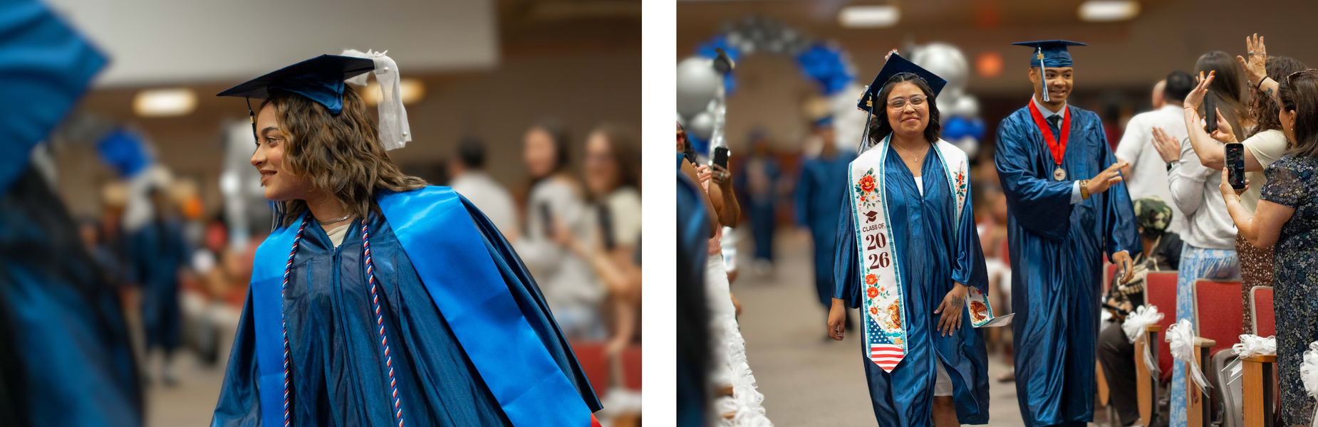 Female graduate in stands, female and male graduate walking towards graduation seating