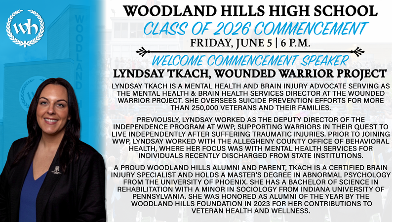 A graphic introducing commencement speaker Lyndsay Tkach