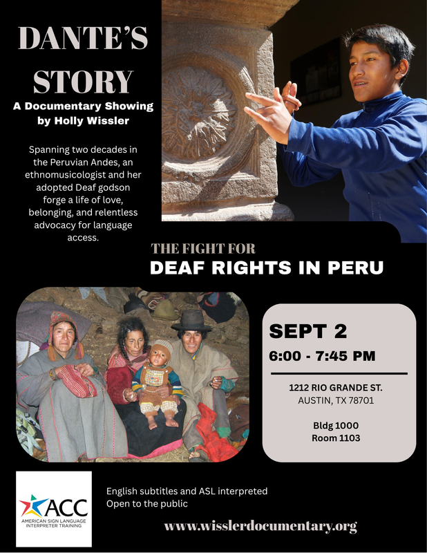 Event poster for a documentary about deaf rights in Peru, featuring diverse visuals and details.