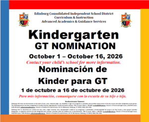Kindergarten GT nomination is from October 1 through October 16, 2026.
