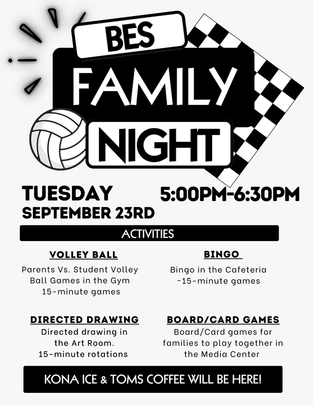 Family Night at BES on Tuesday, September 23, from 5:00–6:30