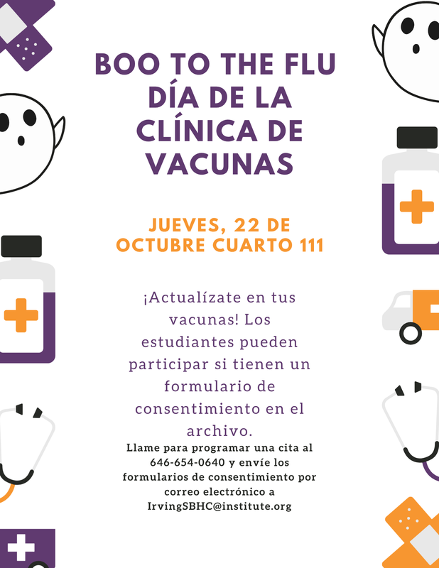 Event flyer for a flu vaccine clinic with colorful graphics and text details.