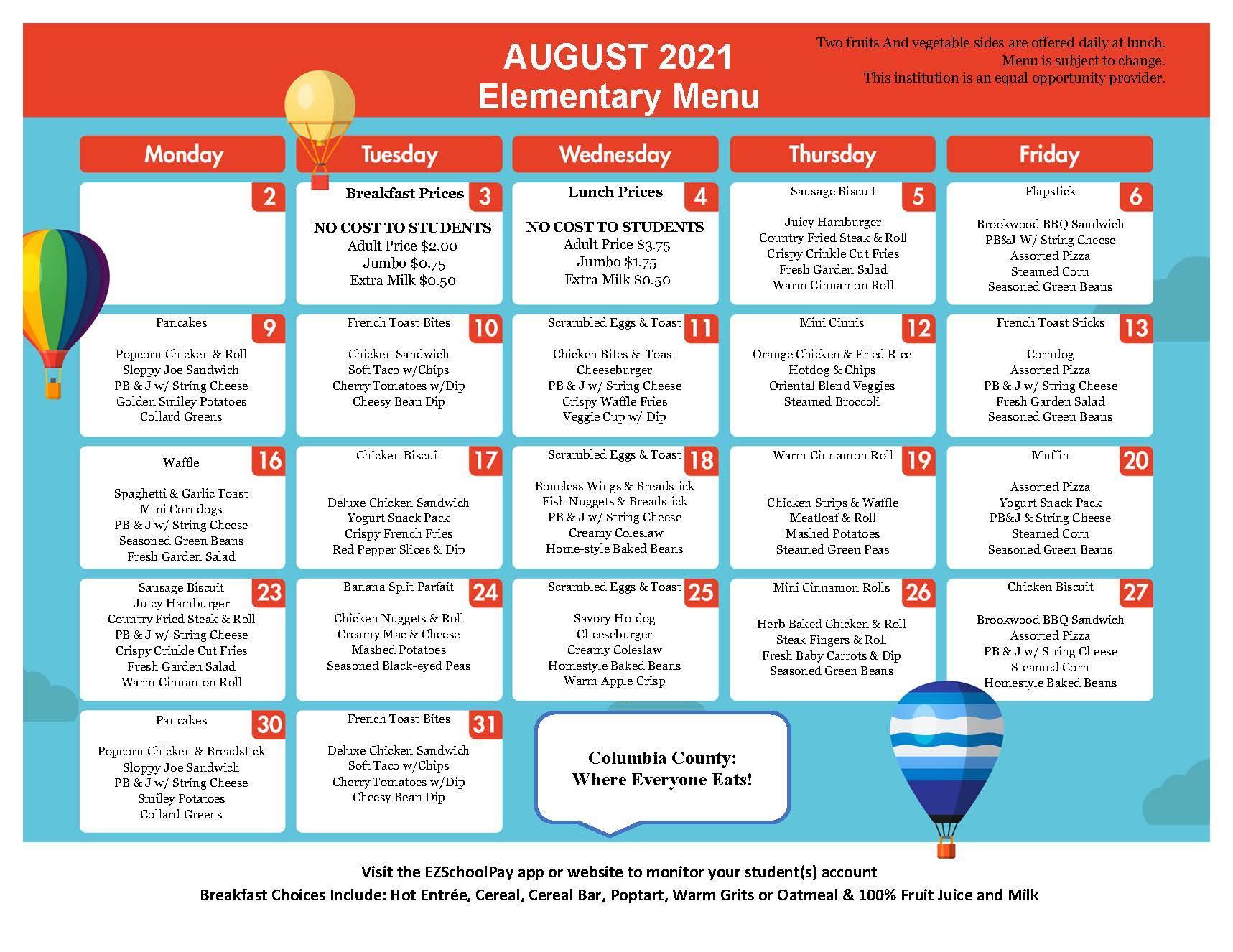 Menus School Nutrition Columbia County Schools