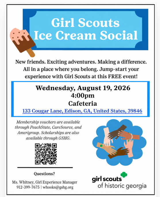 girl scouts ice cream social Wednesday, August 19th 4PM in Cafeteria