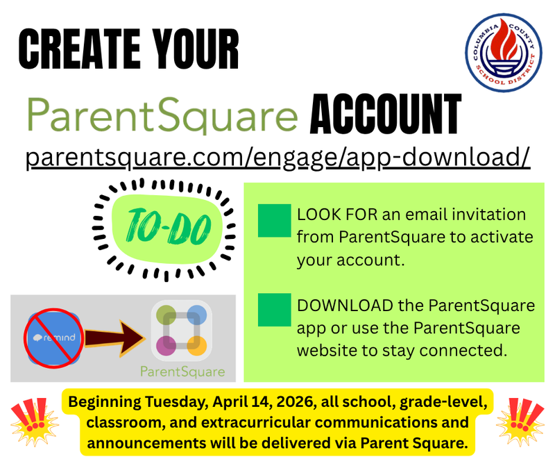 Instructional graphic for creating a ParentSquare account with steps and links.