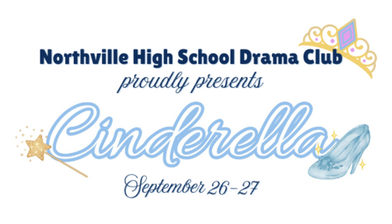 White background with dark blue text promoting Cinderella