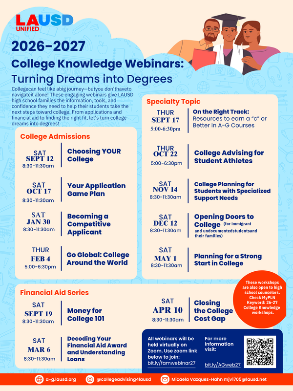 2026-2027 College Knowledge Webinars / Seminarios web sobre conocimiento universitarios