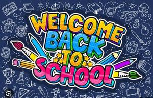 The words "welcome back to school" in neon colors surrounded by school supplies