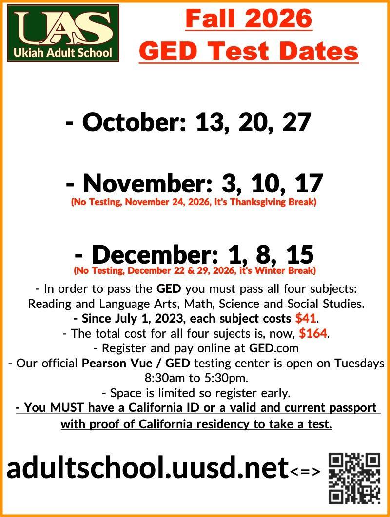 Fall 2026 GED / Pearson-Vue test dates poster.