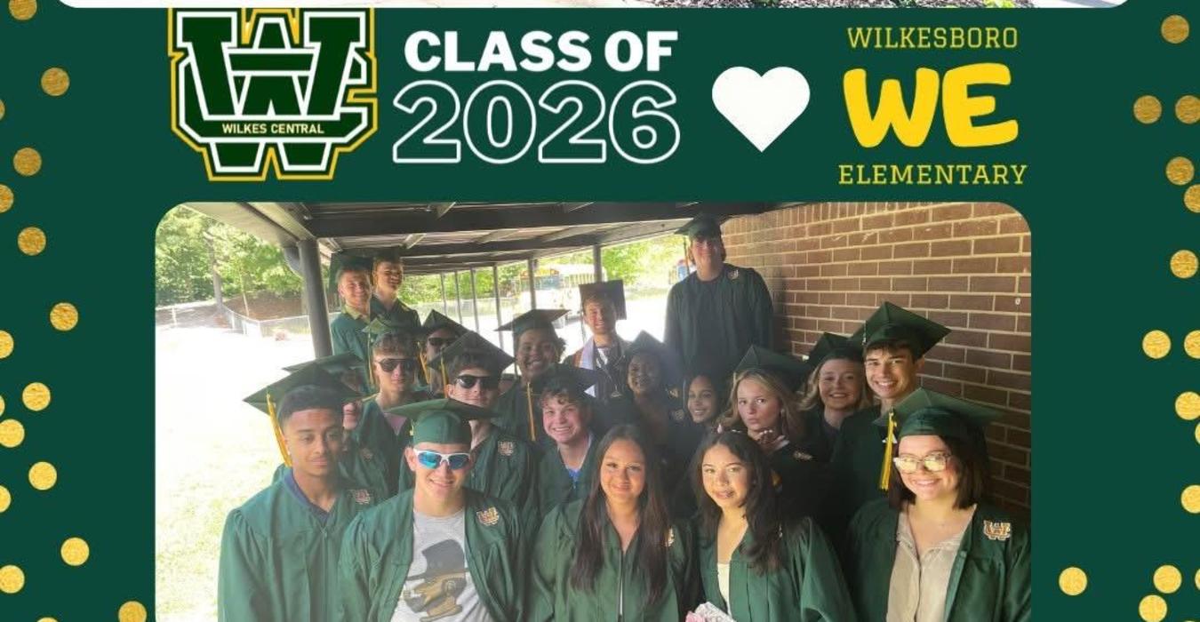 Graduating students in caps and gowns celebrating outdoors at Wilkesboro Elementary.