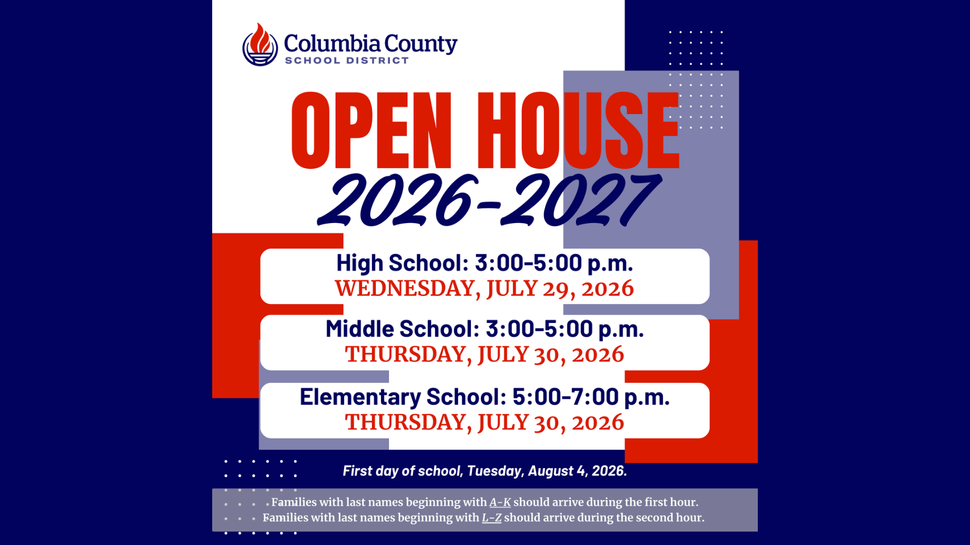 Open house schedule for Columbia County School District in 2026-2027.
