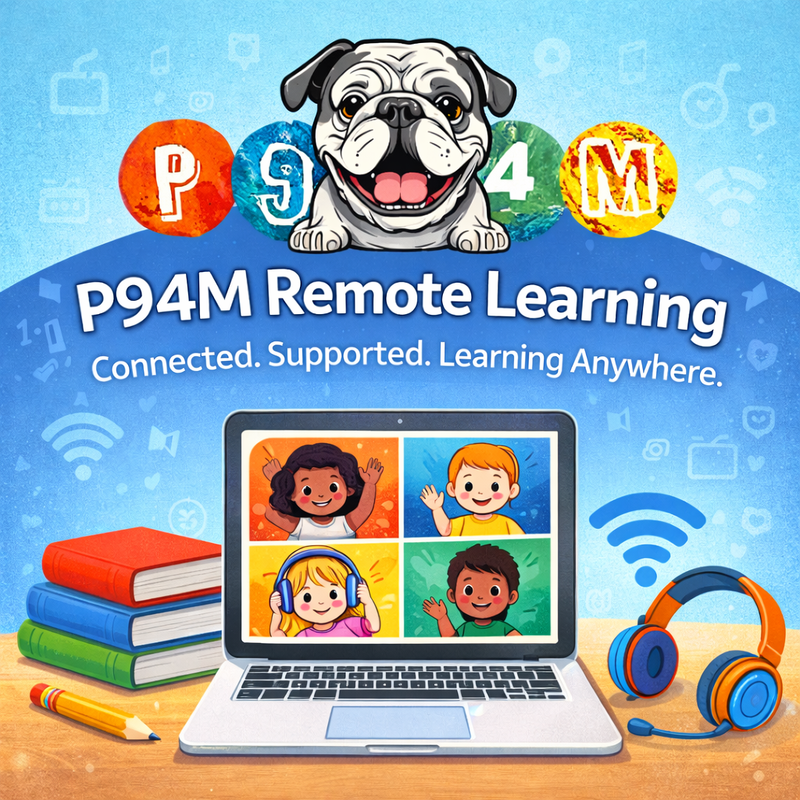 A laptop displays a video call with four smiling children, representing P94M Remote Learning.