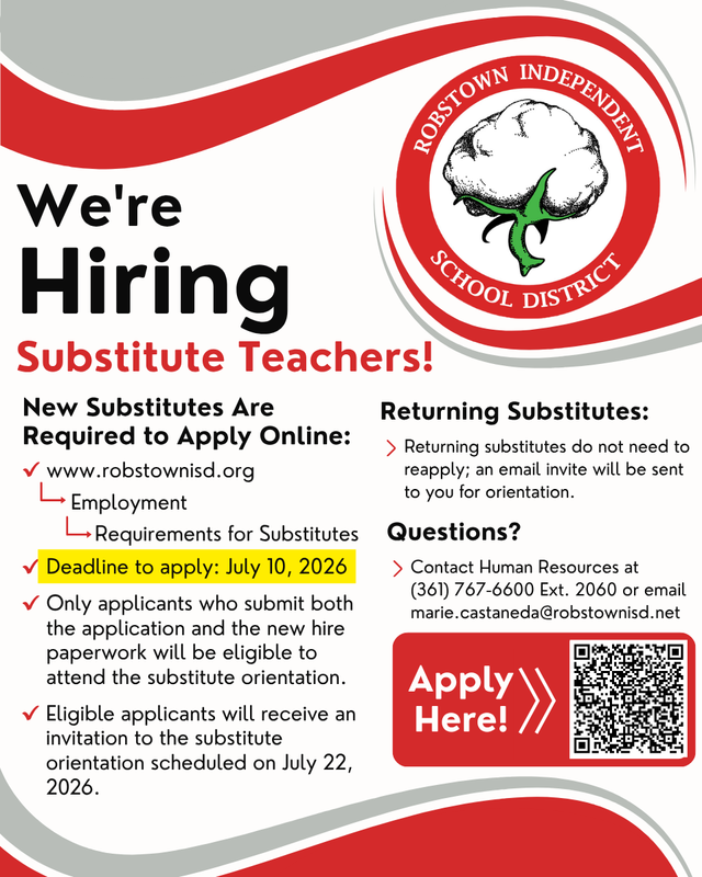 Robstown ISD Now Hiring Substitute Teachers for the 2026–2027 School Year Featured Photo