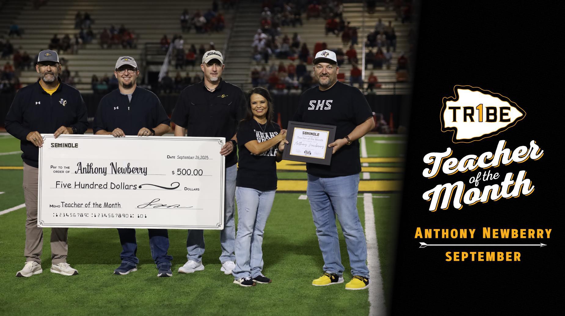 Mr. Anthony Newberry being recognized as Seminole ISD's Teacher of the Month for September