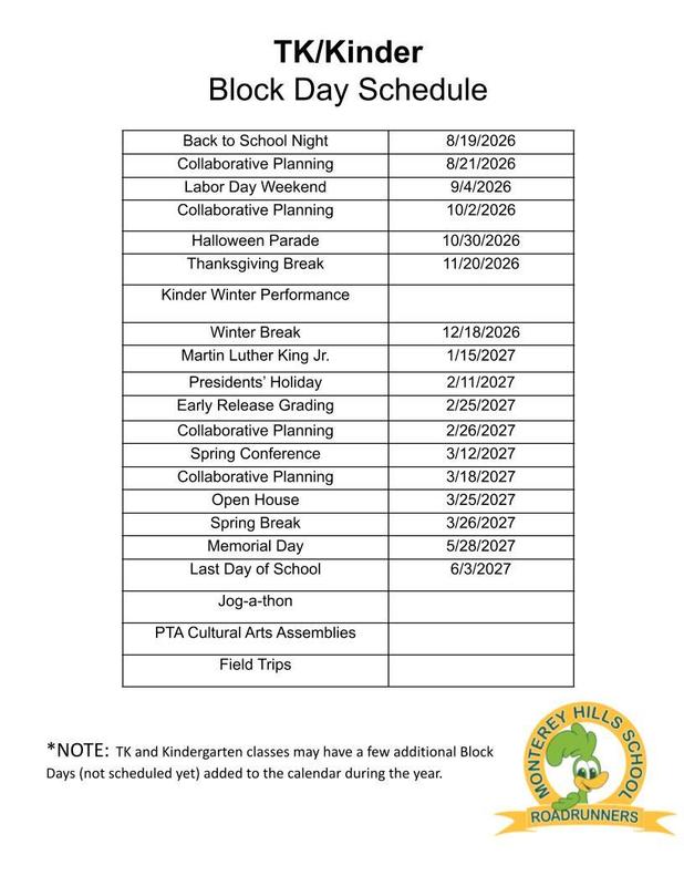 TK & Kindergarten Block Day Schedule 2026-2027 Featured Photo
