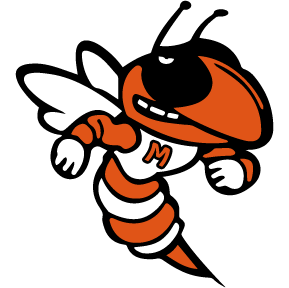 Mineola ISD logo. Orange, black and white yellowjacket.