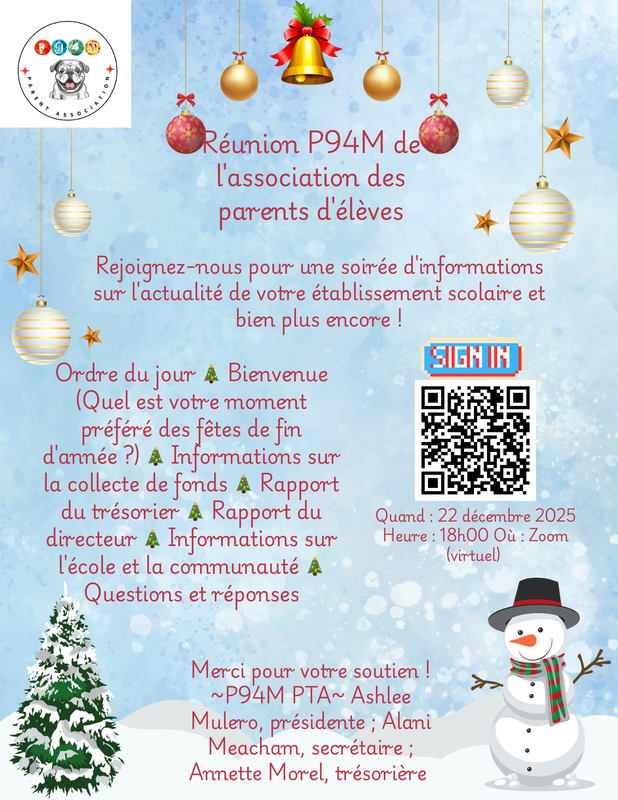 Flyer for the P94M PTA Meeting decorated with holiday-themed graphics, inviting families to attend and receive school updates