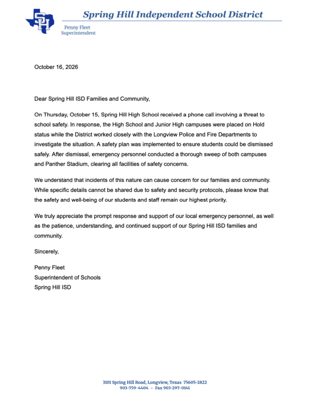 A Message From The Superintendent To SHISD Families & Community