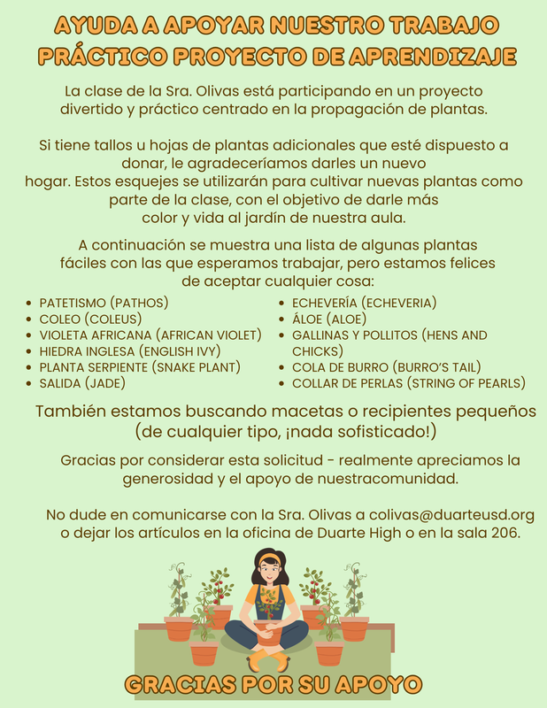 Donations Needed for Mrs Olivas class for a hands on garden project