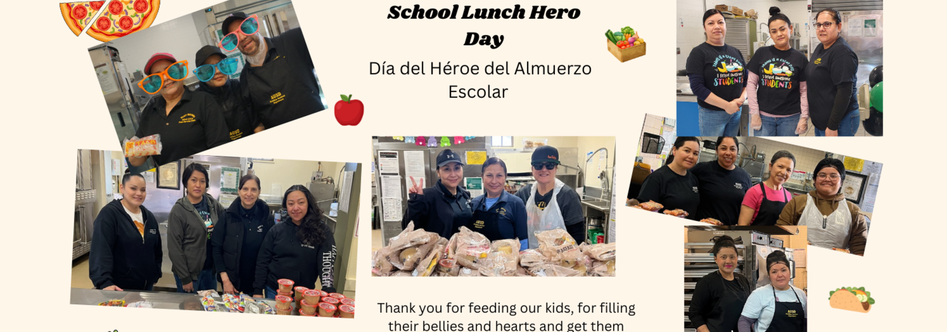 Collage with cafeteria workers and food items to celebrate Lunch Hero Day