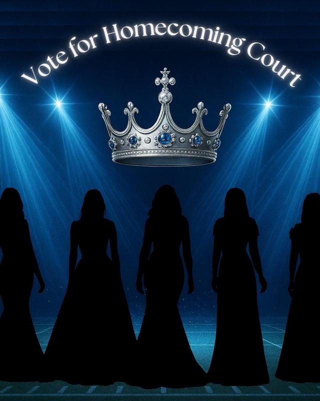 blue background with 5 female silhouettes in dresses and silver crown floating above their heads