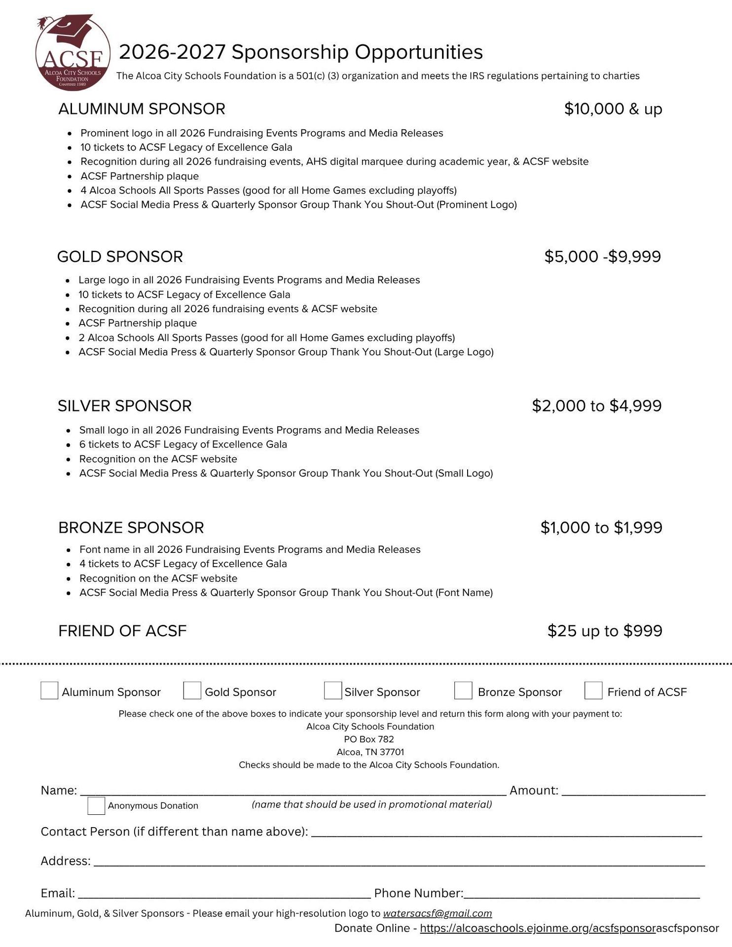 ACSF Sponsorship Levels