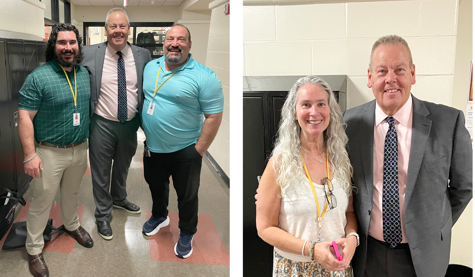 Three men and a woman posing together in a school hallway.