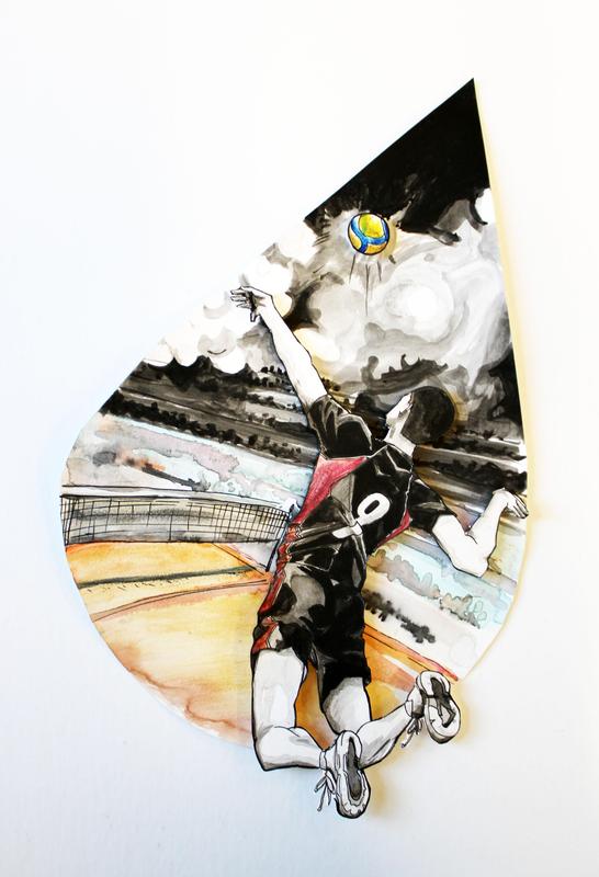 Student artwork depicting a volleyball player jumping up to spike a ball