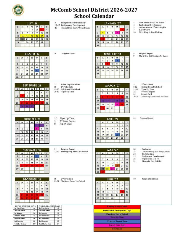 McComb School District 2026-2027 Calendar