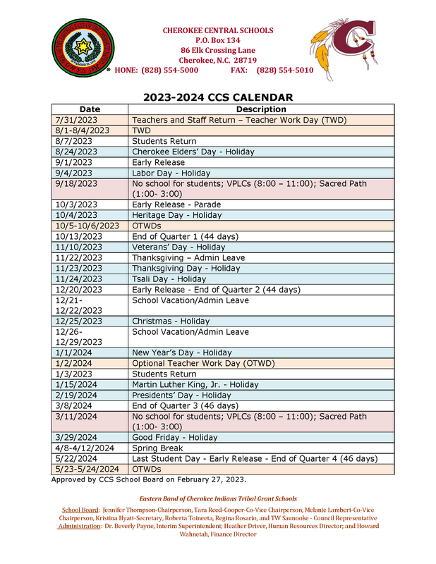 2023 2024 CCS School Calendar Cherokee Central School