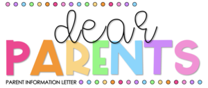 Colorful text saying 'dear PARENTS' with a playful design and decorative dots.