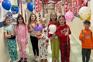 Sunrise second-graders Scarlett Kurisko, Ailey Kane, Gwen Aulicino, Olivia Oberkofler, Shea Rasky, and Tristan Pepper with their balloon creations