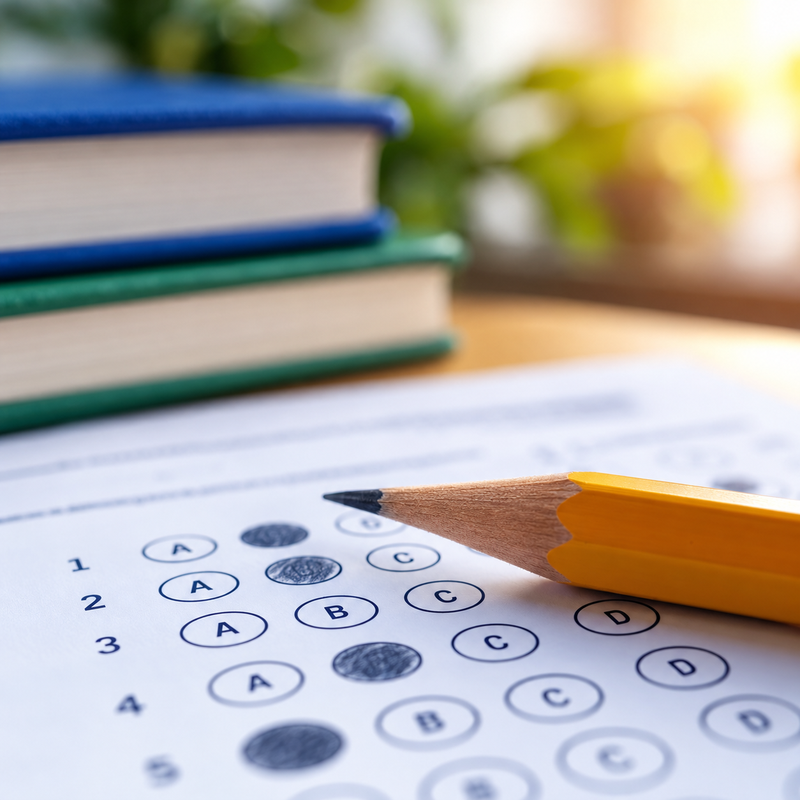 Close-up of a pencil resting on a multiple-choice answer sheet.