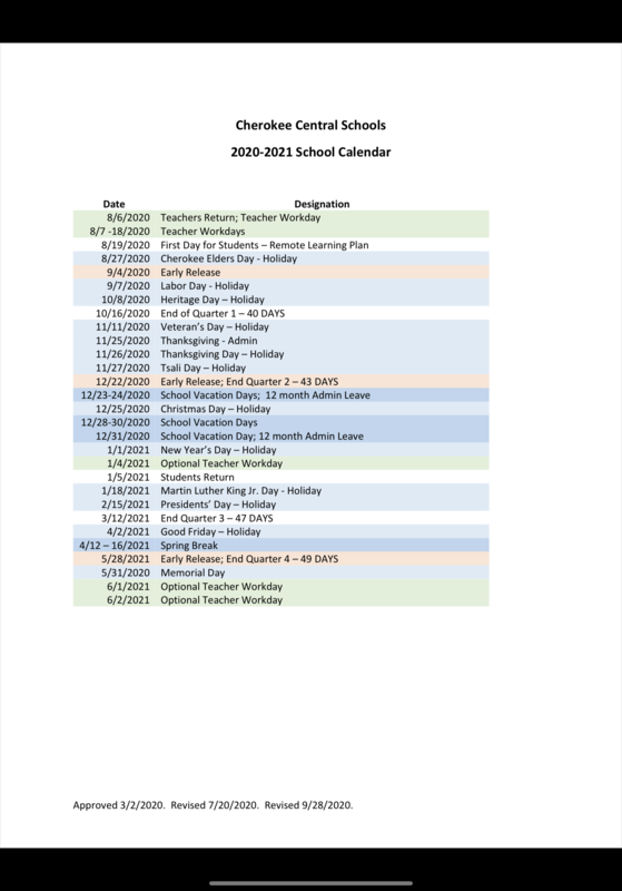CCS School Calendar_Revised 9/28/2020
