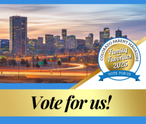 Colorado Parent Family Favorites Logo with Vote for Us and a Denver cityscape
