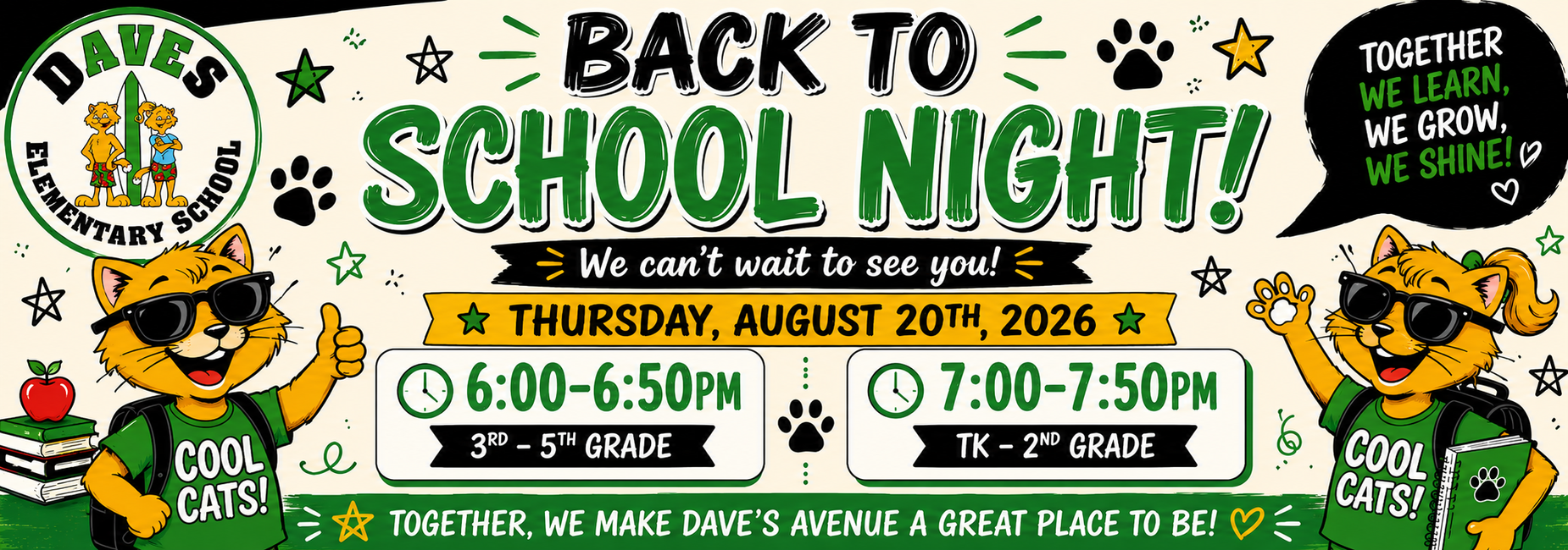 Daves Avenue Back to School Night banner featuring the school&rsquo;s Cool Cats theme, with two cheerful orange cat mascots wearing sunglasses and Cool Cats shirts. The banner announces Back to School Night on Thursday, August 20th, 2026, with 6:00&ndash;6:50 PM for 3rd&ndash;5th grade and 7:00&ndash;7:50 PM for TK&ndash;2nd grade.
