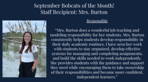 teacher picture with text about why Bobcat of month