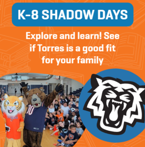 K-8 Shadow days graphic with photo of school wildcat mascot