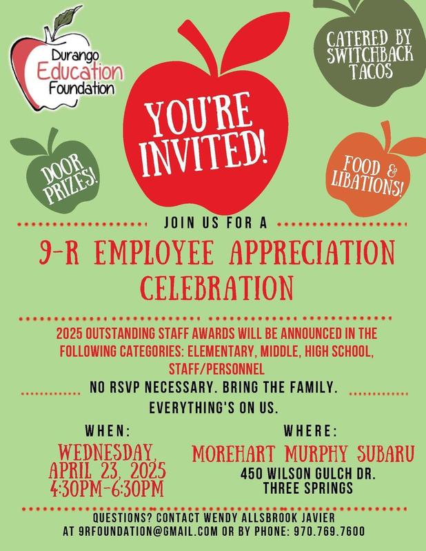 Flyer promoting the Durango Education Foundation 9-R Employee Appreciation Celebration