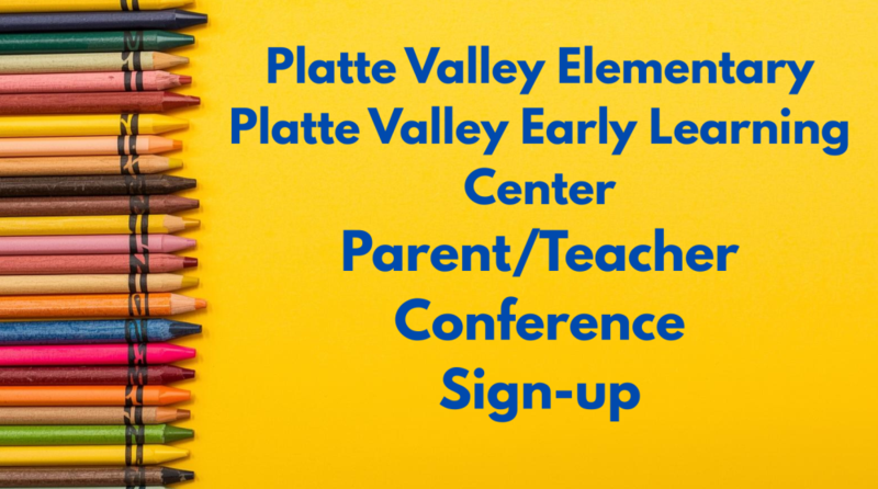 Yellow box with colorful crayons and text for Parent Teacher Conferences